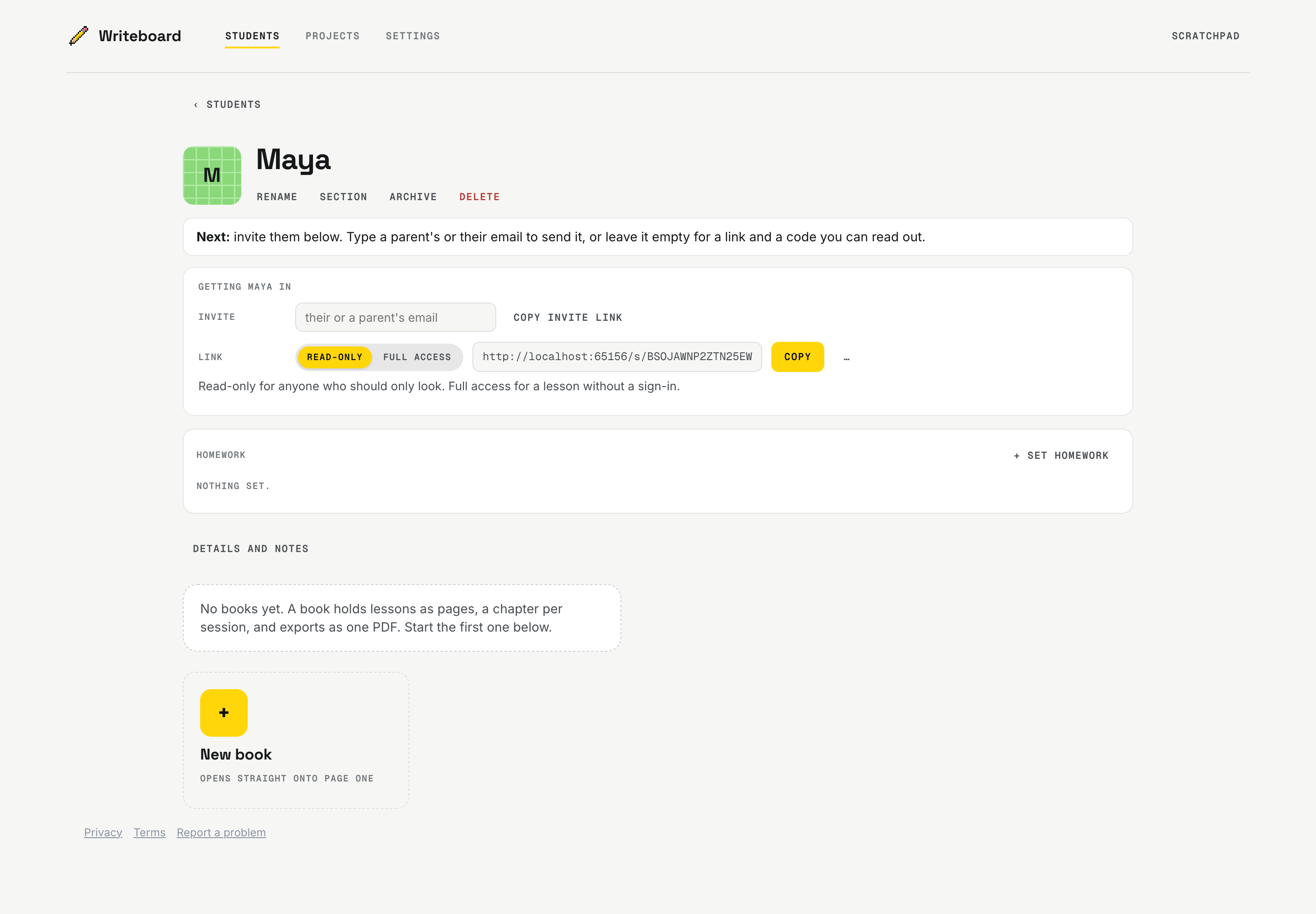 A new student's page with the invite row and link