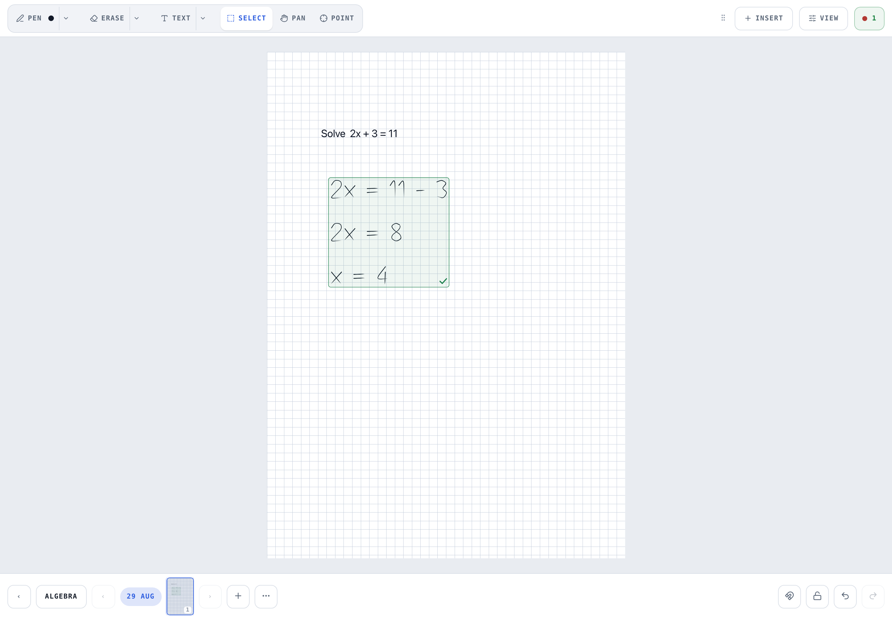 Handwritten algebra working on a Writeboard page, boxed and ticked