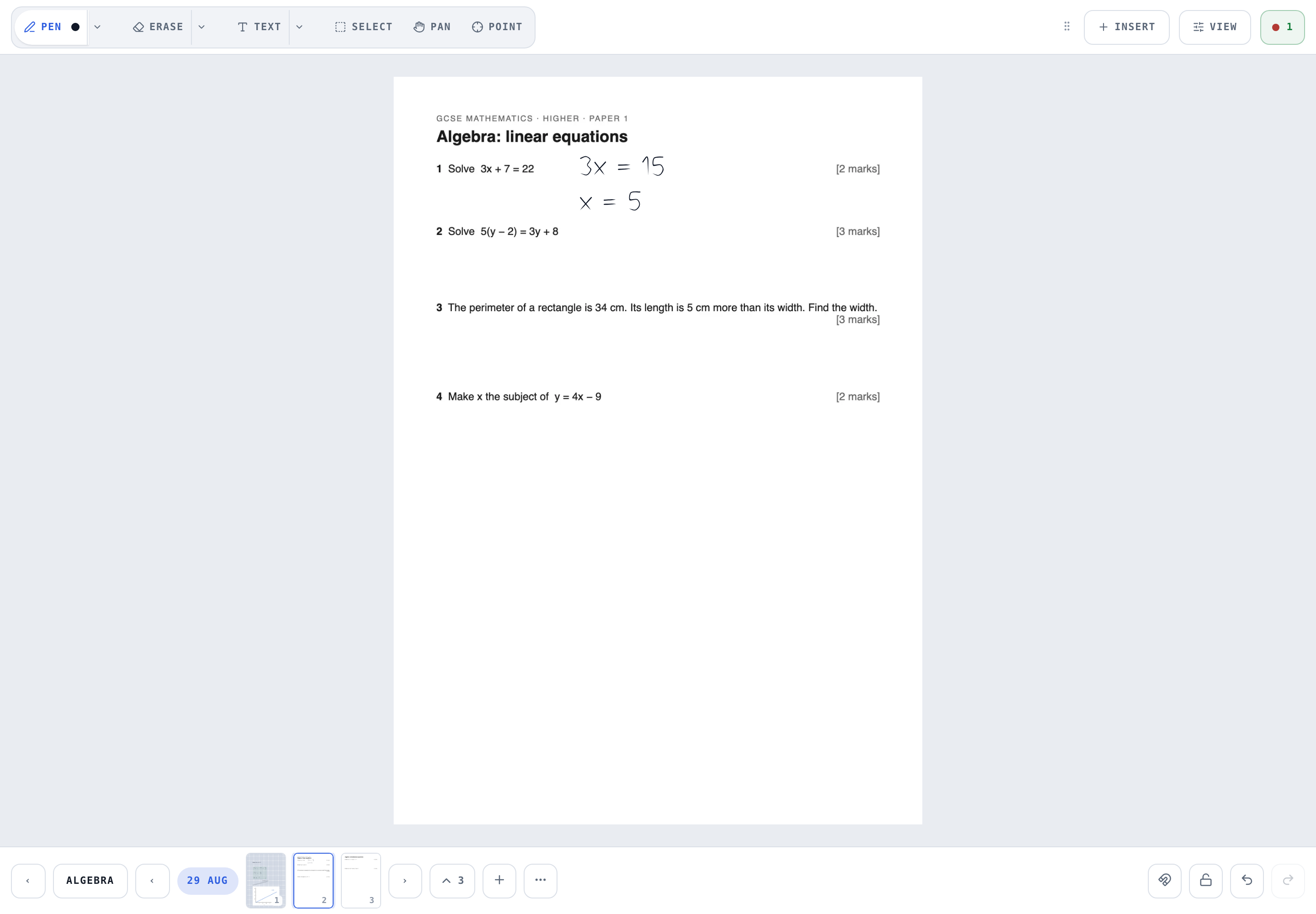 A GCSE past paper page in Writeboard with handwritten working beside question 1