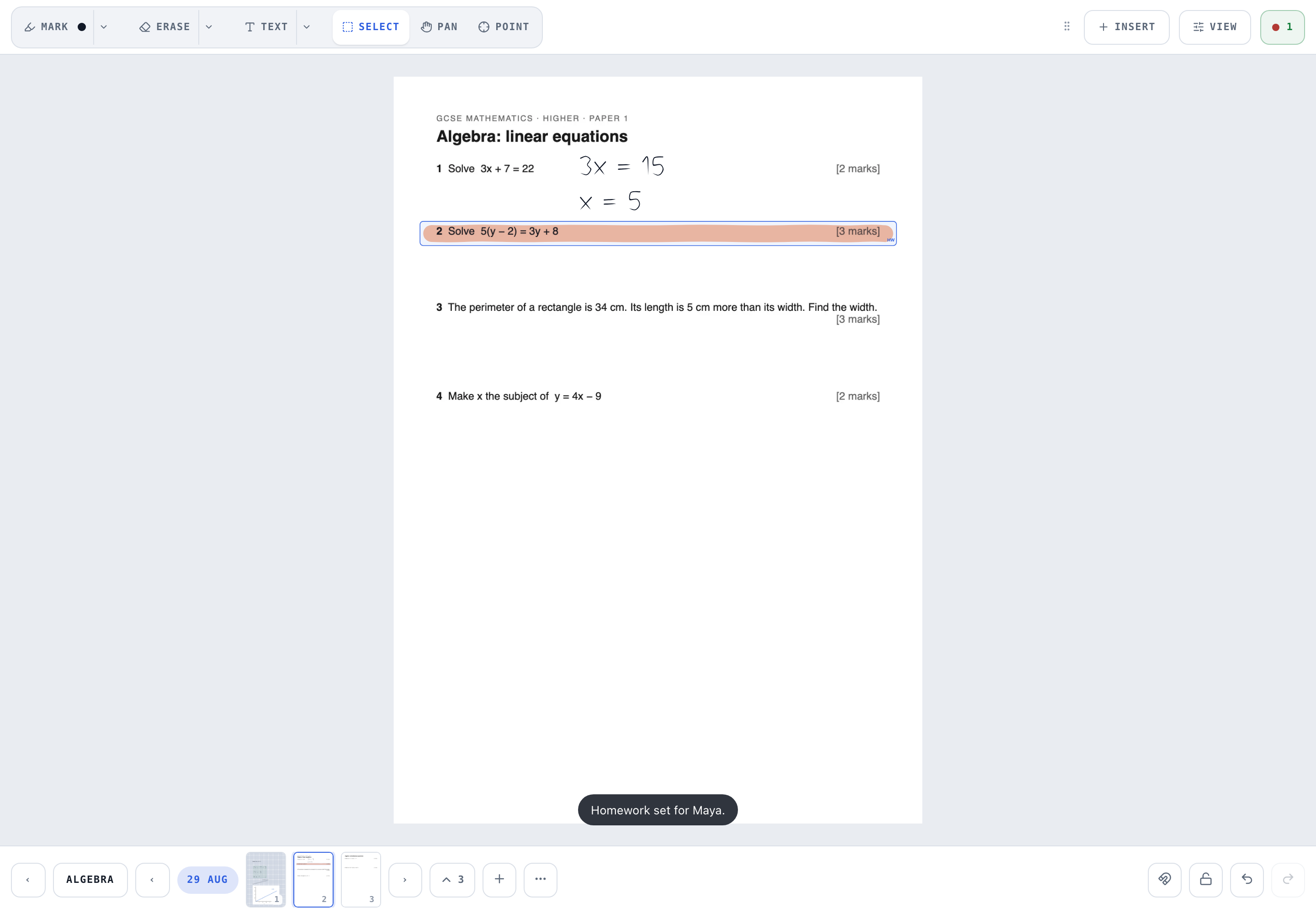 A highlighted exam question selected on the page with a homework toast
