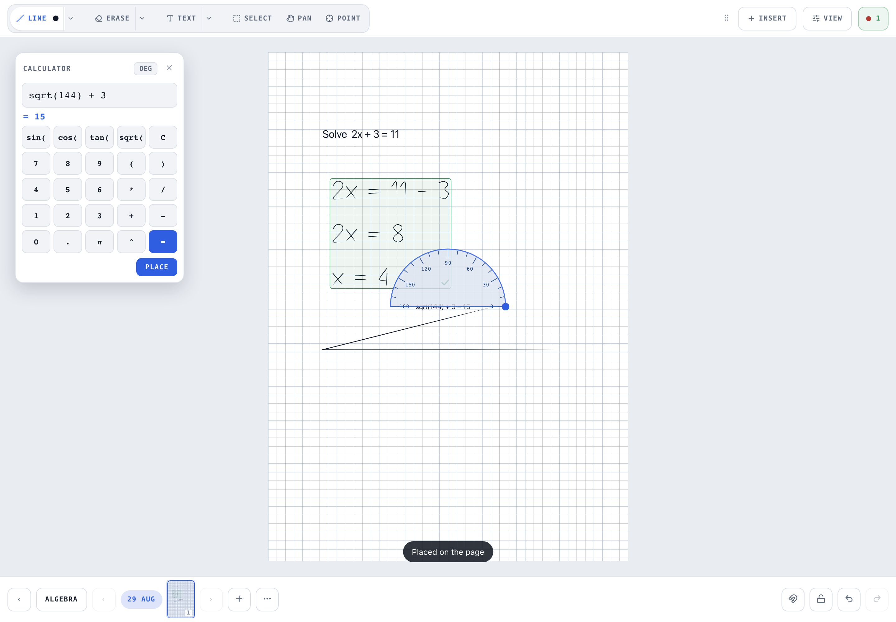 A protractor and a calculator result placed on a squared page beside a straight line