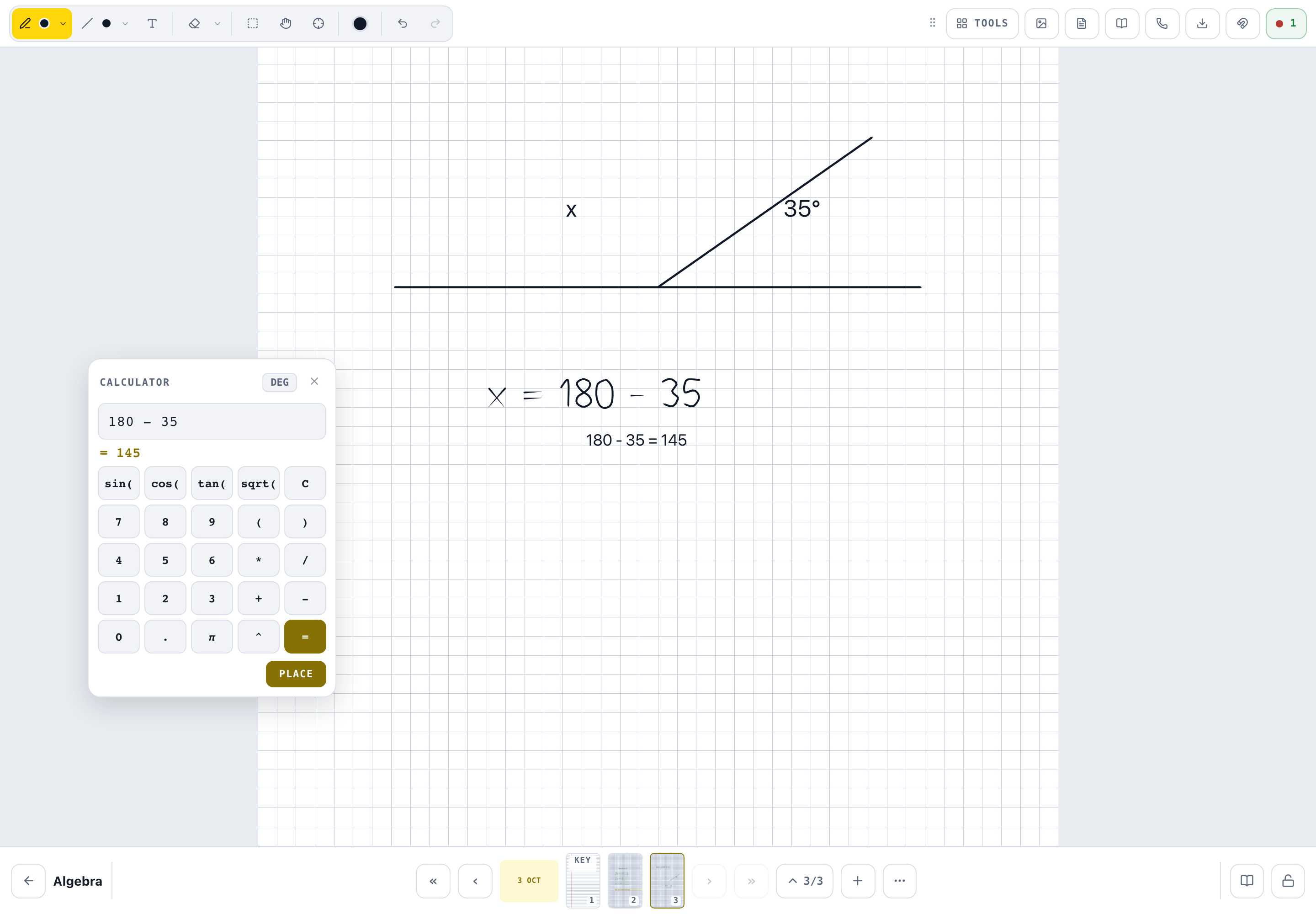 A calculator placing 180 - 35 = 145 on the page beneath the handwritten working