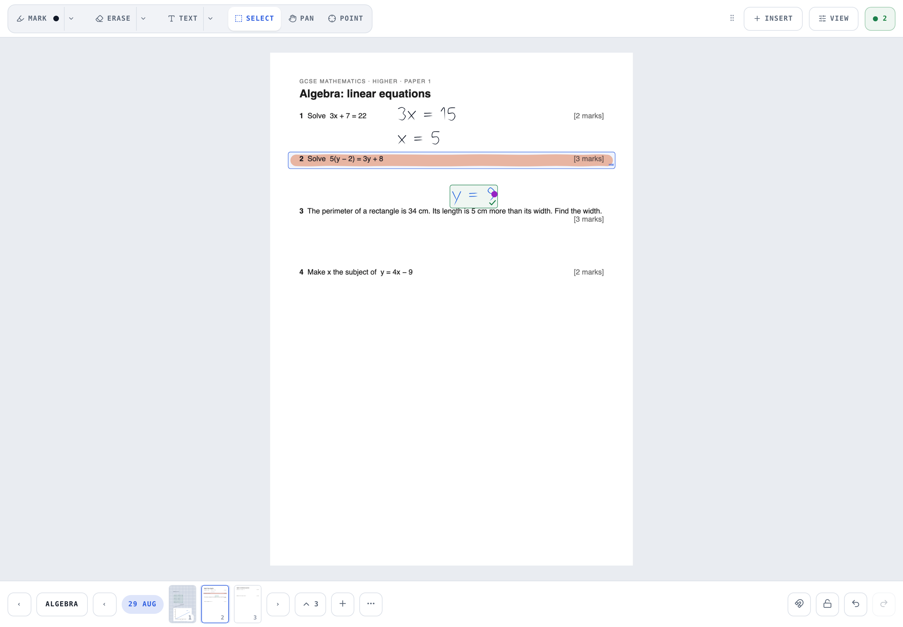 Two people on one page: the student's answer written live and ticked by the tutor