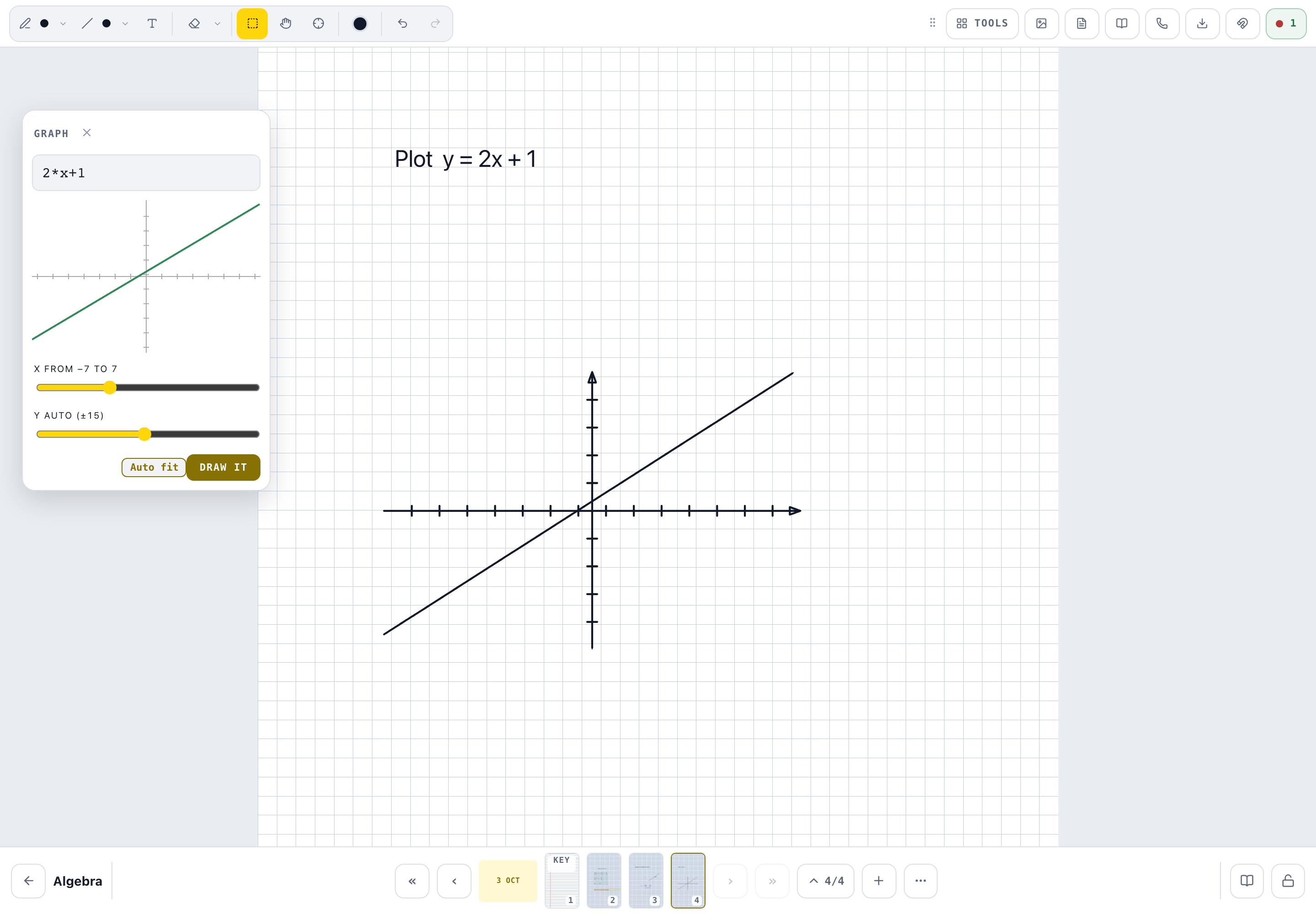 A straight-line graph placed on a squared page under the typed question Plot y = 2x + 1